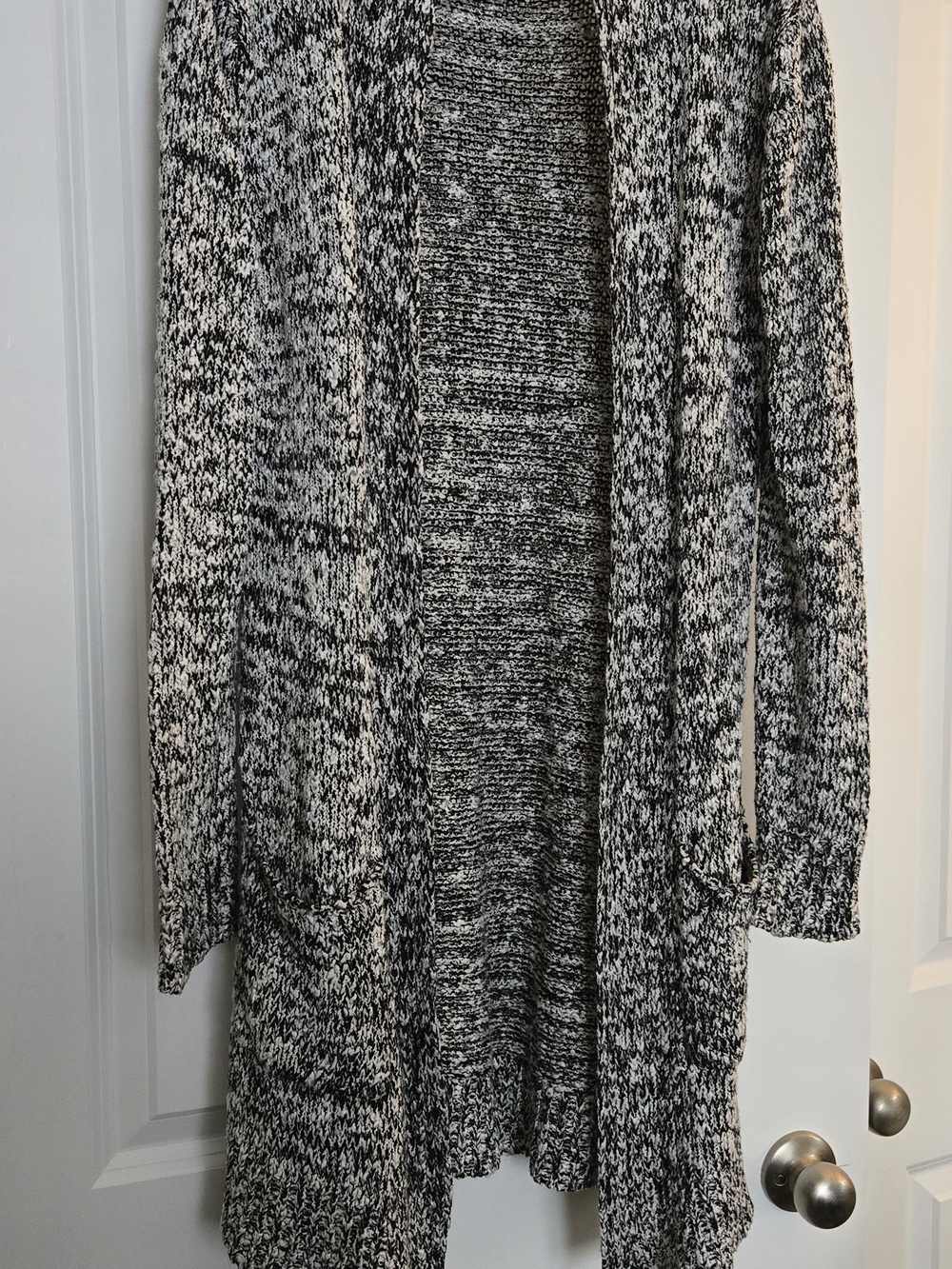 Open-Front Marled Black and White Women's Cardigan Sweater